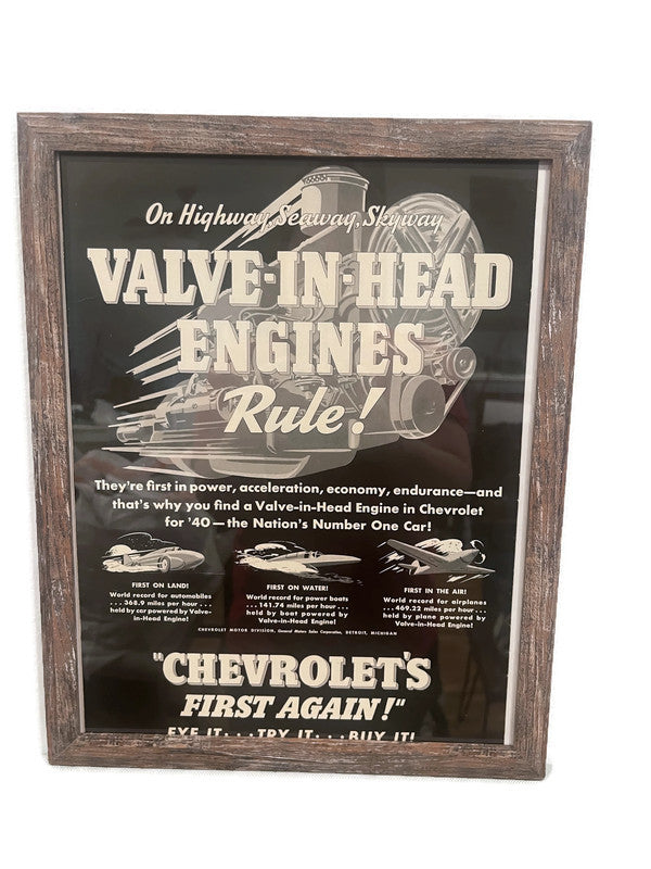 Framed Chevrolet Valve In Head Engines Advertisement