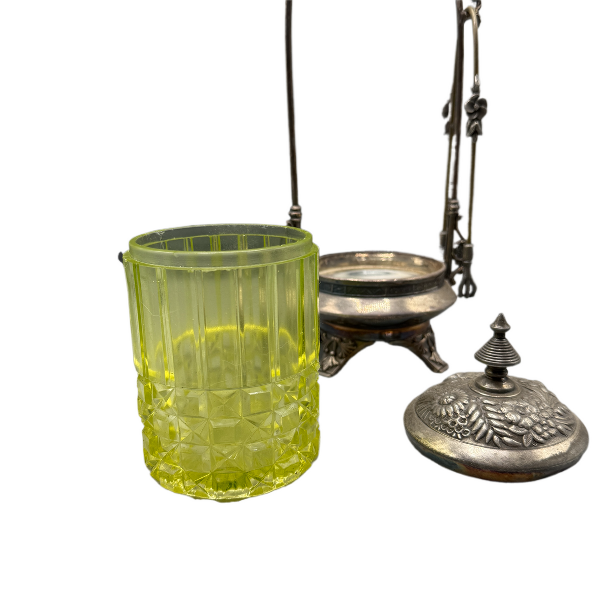 Antique Uranium/ Vaseline Glass Silver Plate Pickle Castor