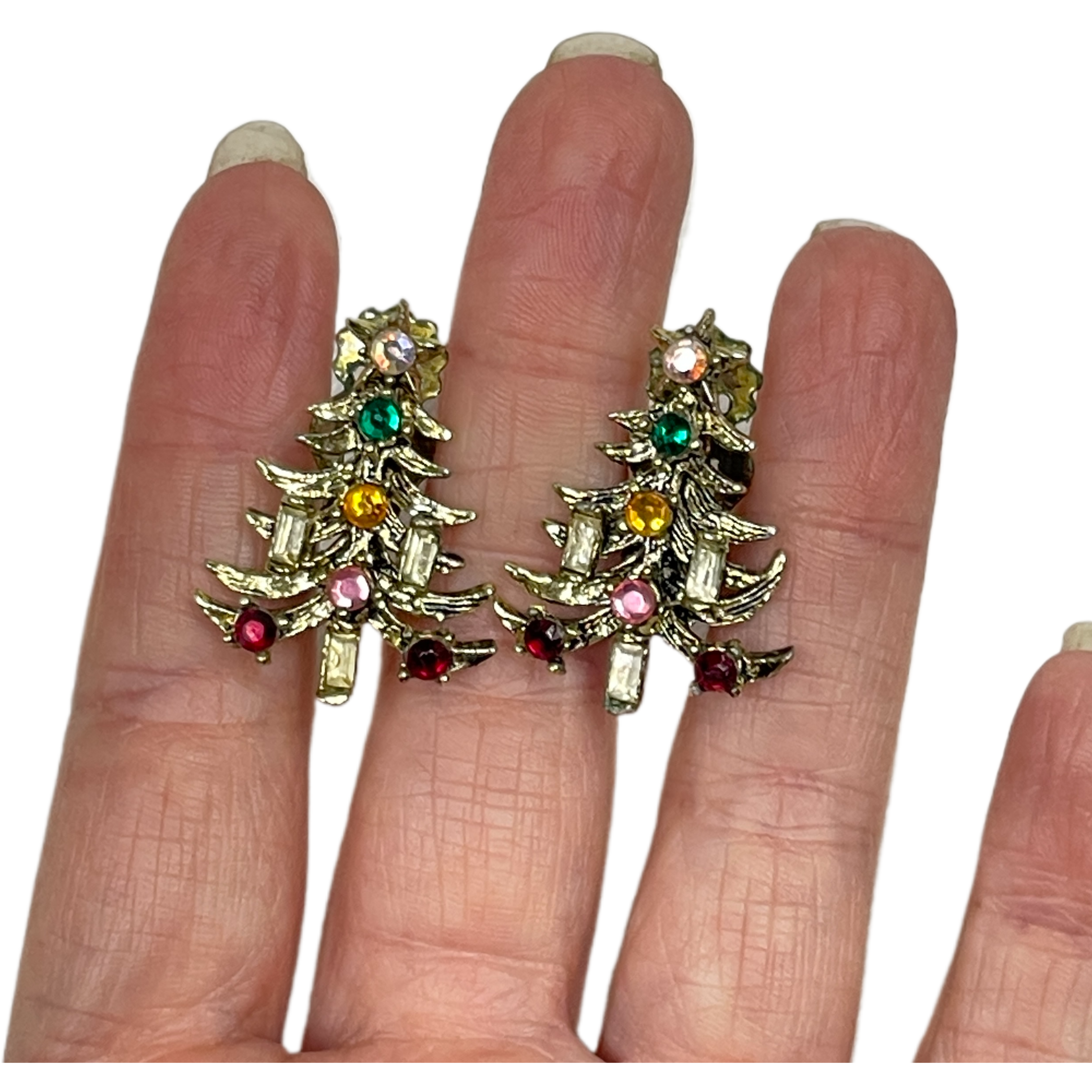 Vintage Hollycraft Christmas Tree Rhinestone Brooch & Earring Set