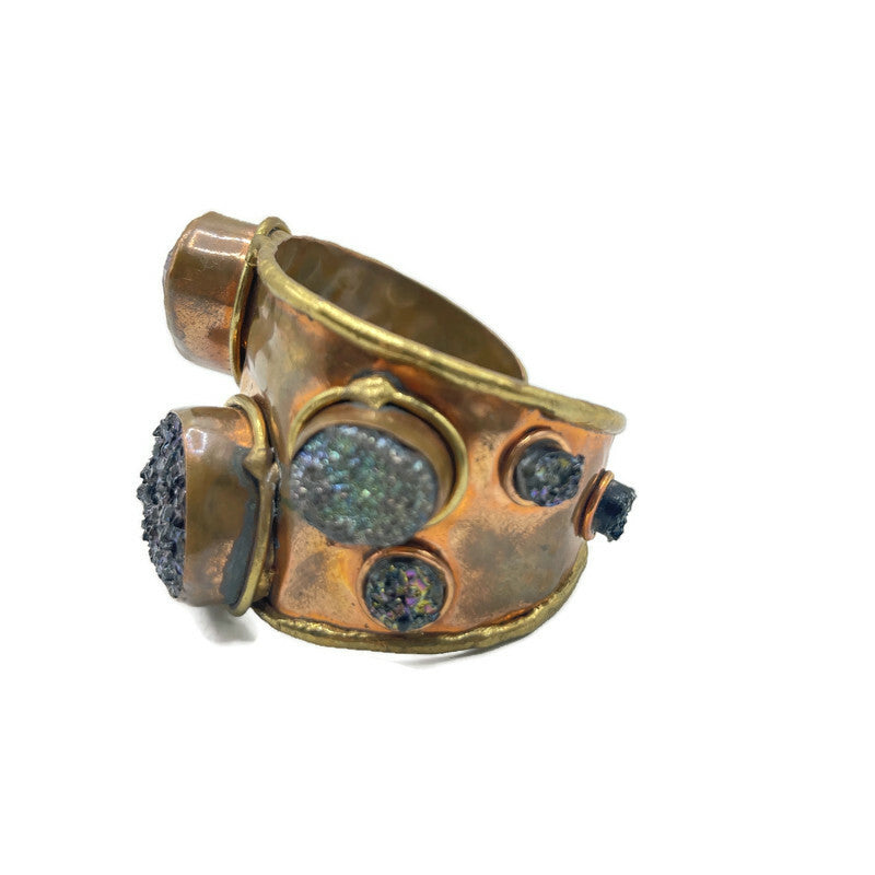 VIntage Copper & Brass Mystic Topaz, Druzy Quartz Cuff Bracelet