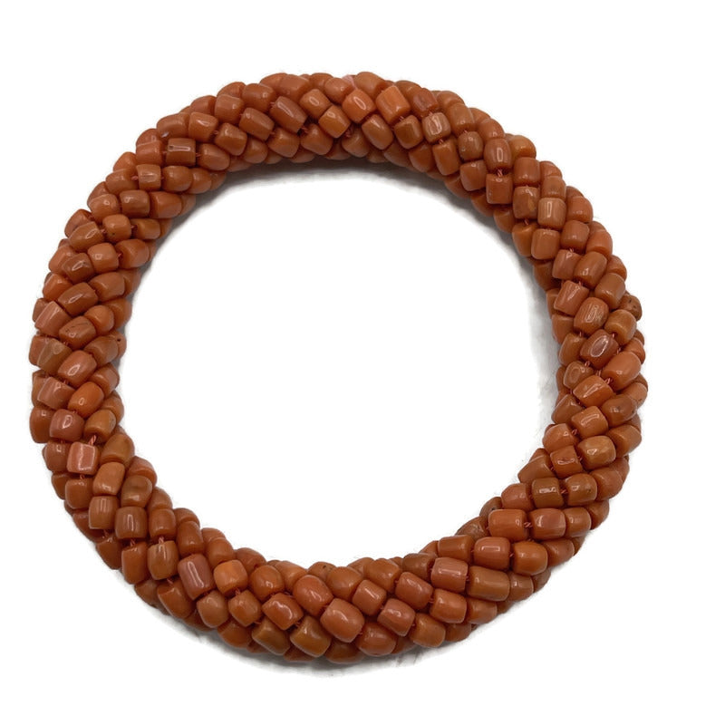 Vintage Red Coral Bead Wrapped Bangle Bracelet