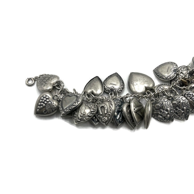 Vintage Sterling Silver Love Token Puffy Hearts Bracelet