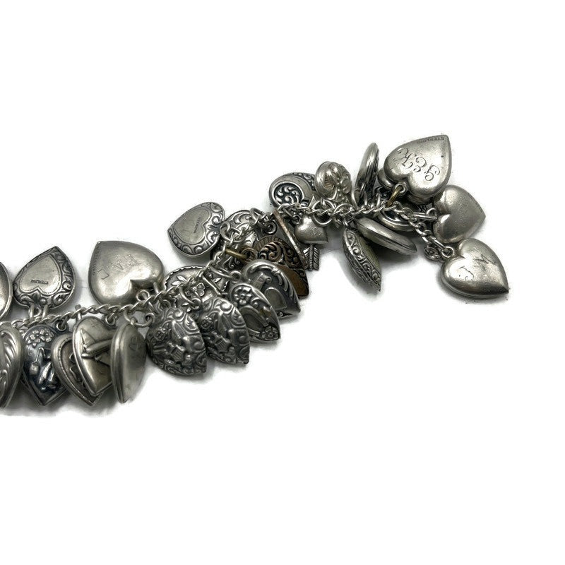 Vintage Sterling Silver Love Token Puffy Hearts Bracelet