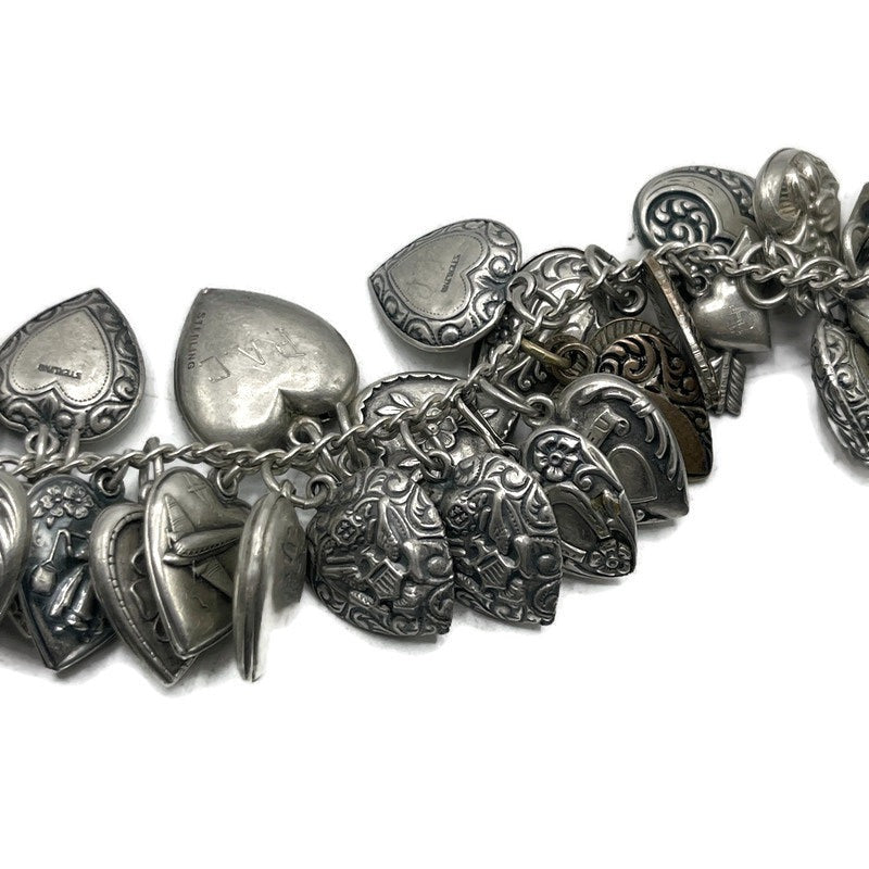 Vintage Sterling Silver Love Token Puffy Hearts Bracelet