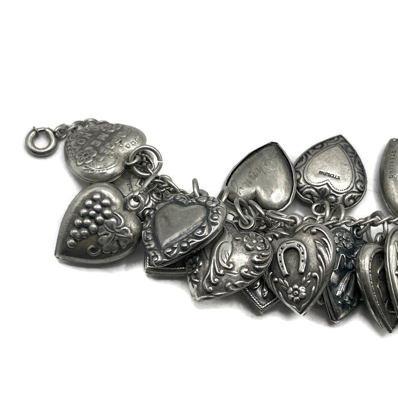 Vintage Sterling Silver Love Token Puffy Hearts Bracelet