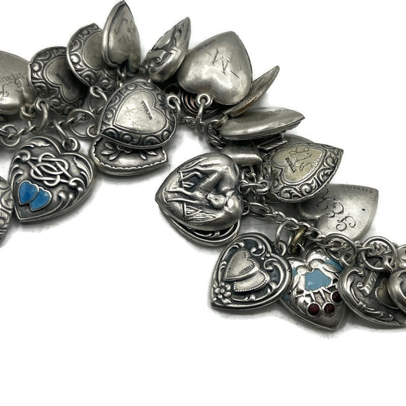 Vintage Sterling Silver Love Token Puffy Hearts Bracelet