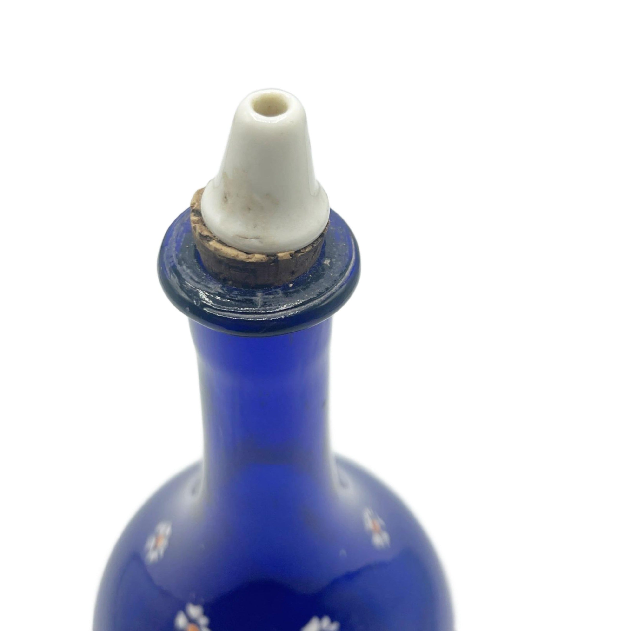 Antique Cobalt Blue Glass Barber Bottle W/ Floral Design