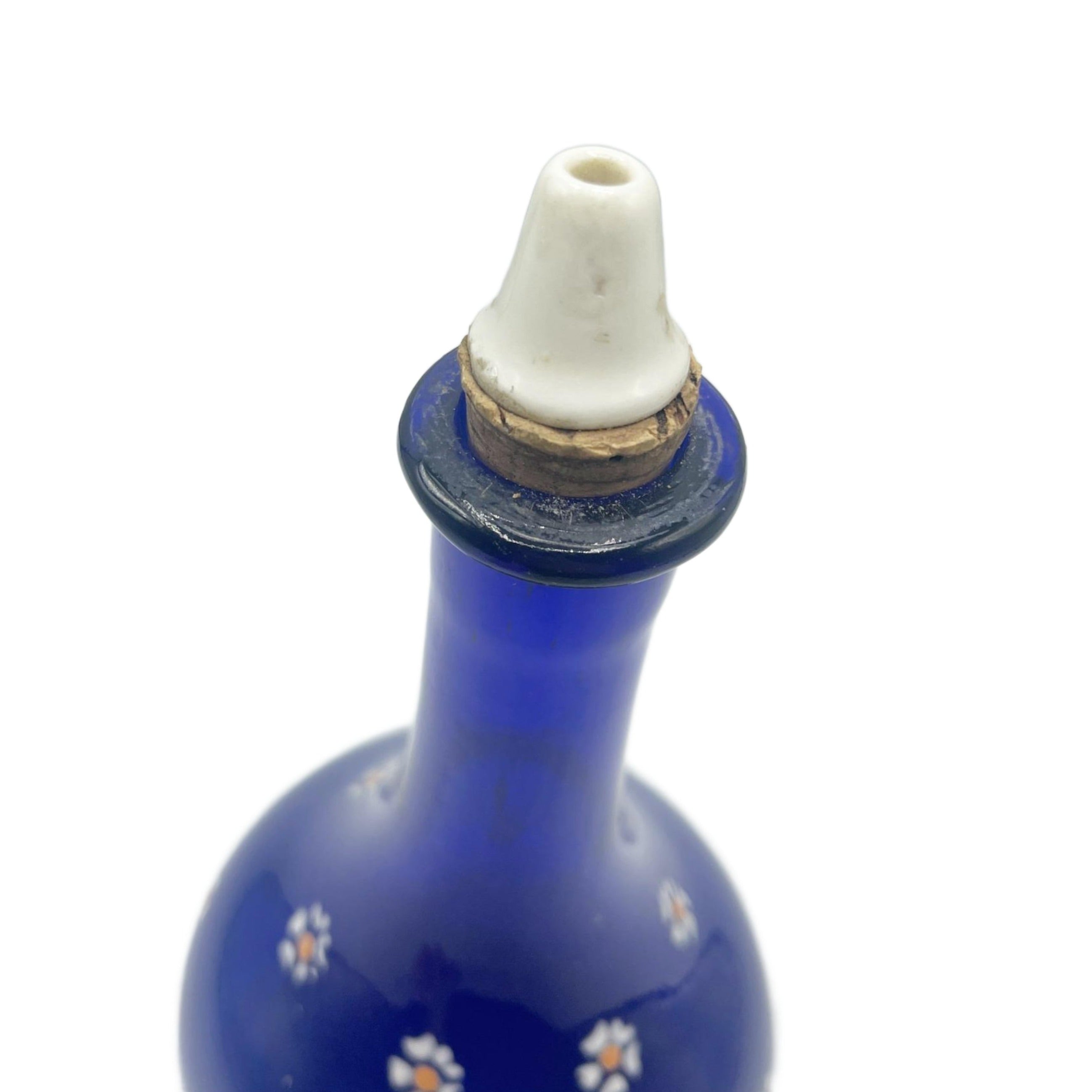 Antique Cobalt Blue Glass Barber Bottle W/ Floral Design