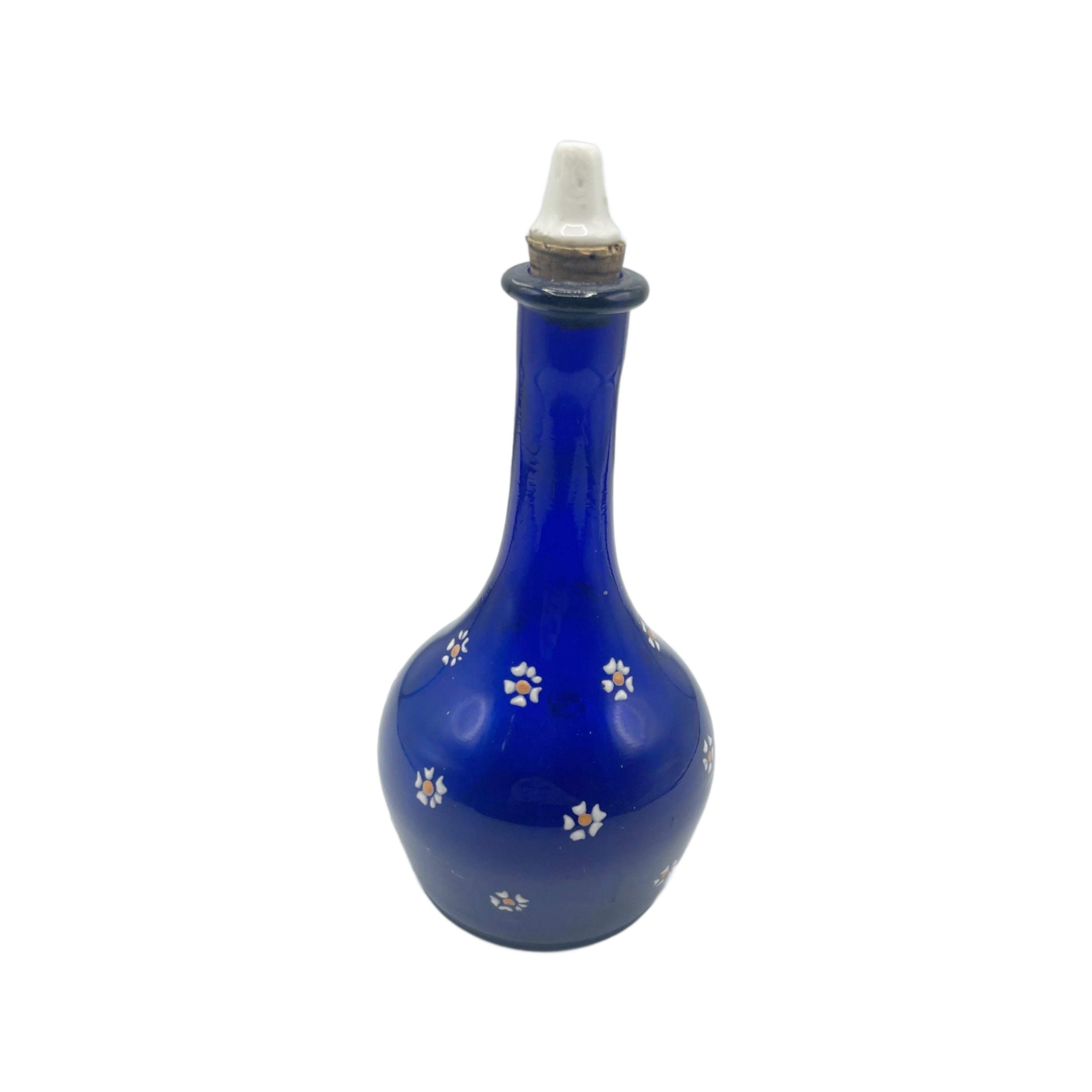 Antique Cobalt Blue Glass Barber Bottle W/ Floral Design