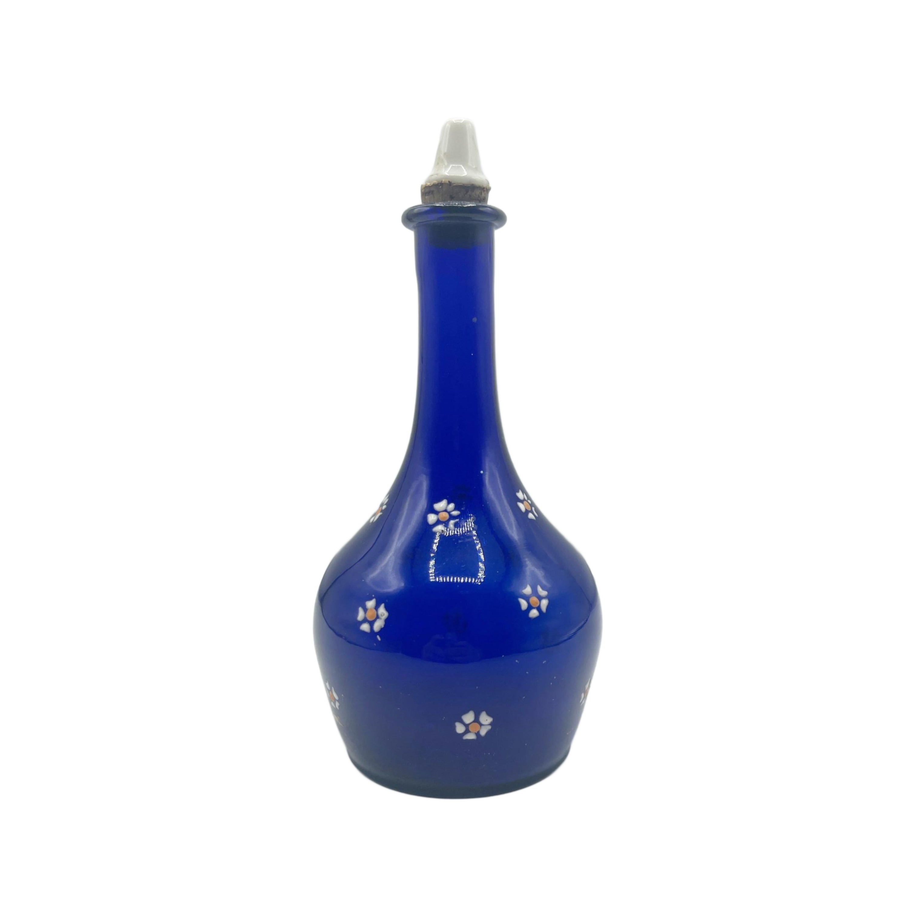 Antique Cobalt Blue Glass Barber Bottle W/ Floral Design
