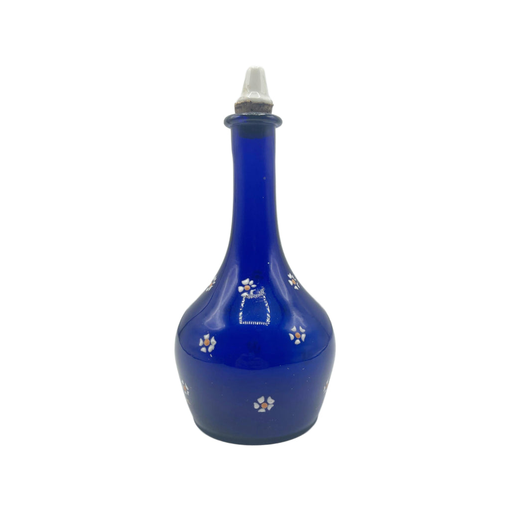 Antique Cobalt Blue Glass Barber Bottle  W/ Floral Design