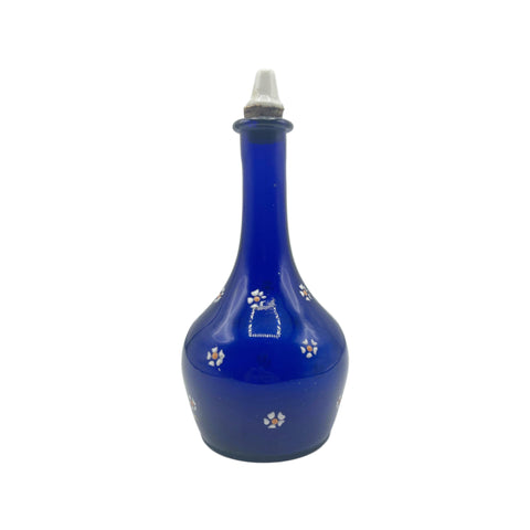 Antique Cobalt Blue Glass Barber Bottle  W/ Floral Design