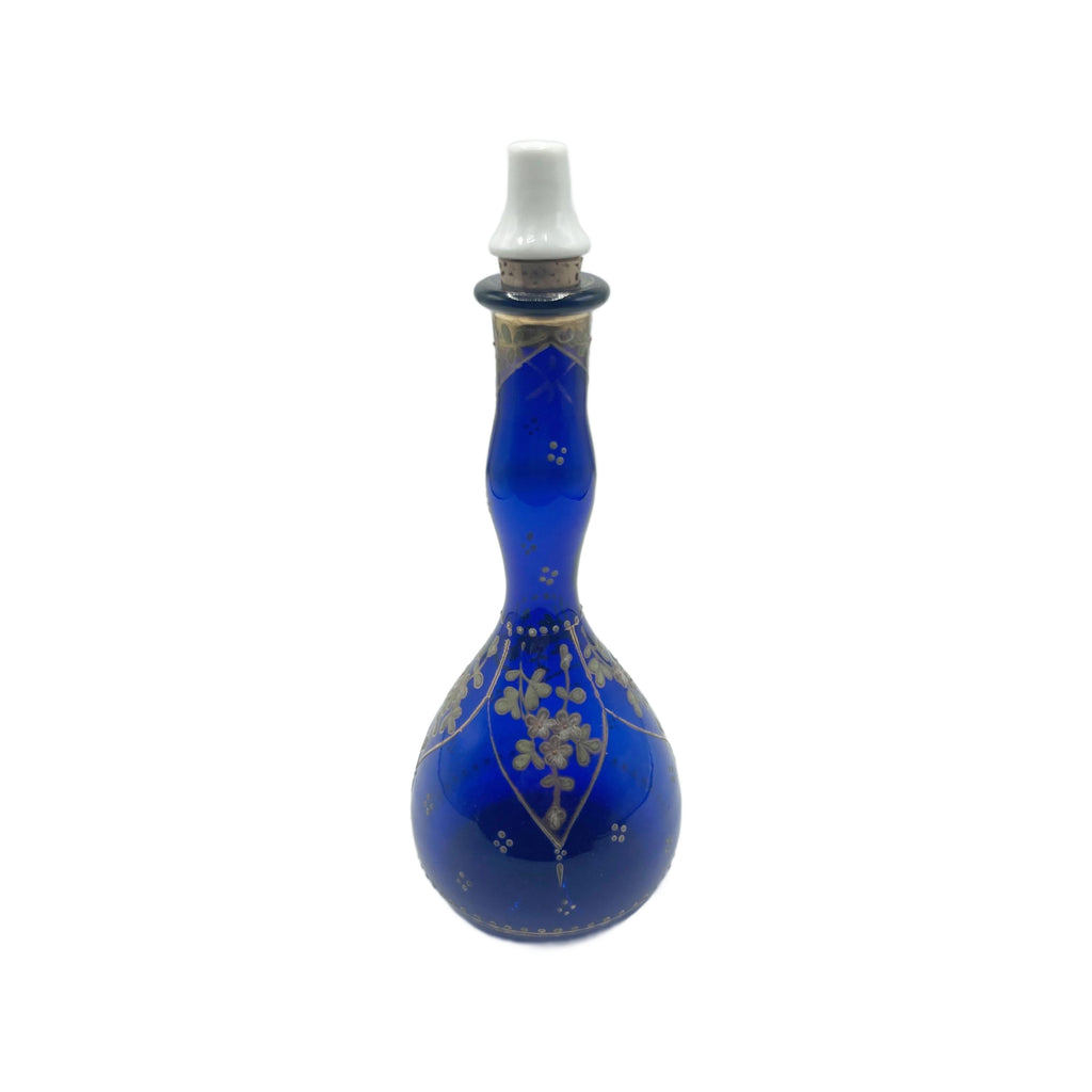 Antique Cobalt Blue Art Nouveau Floral Gilded Barbers Bottle