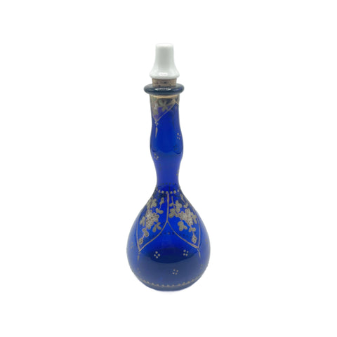 Antique Cobalt Blue Art Nouveau Floral Gilded Barbers Bottle 