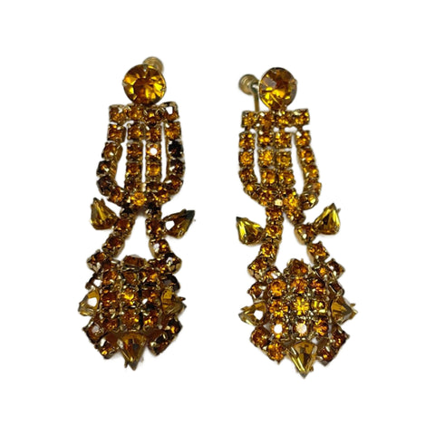 Vintage Amber Tone Rhinestone Chandelier Screw Back Earrings
