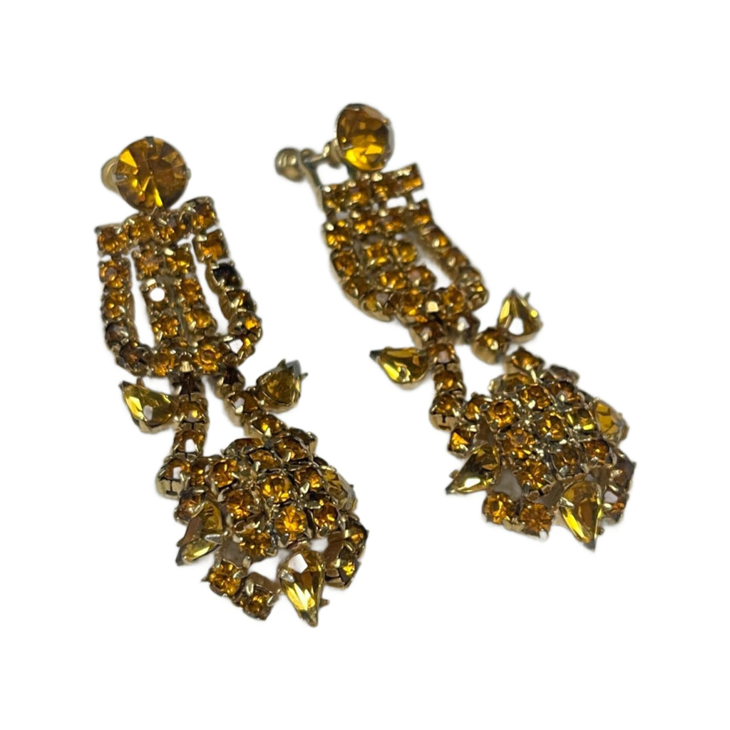 Vintage Amber Tone Rhinestone Chandelier Screw Back Earrings