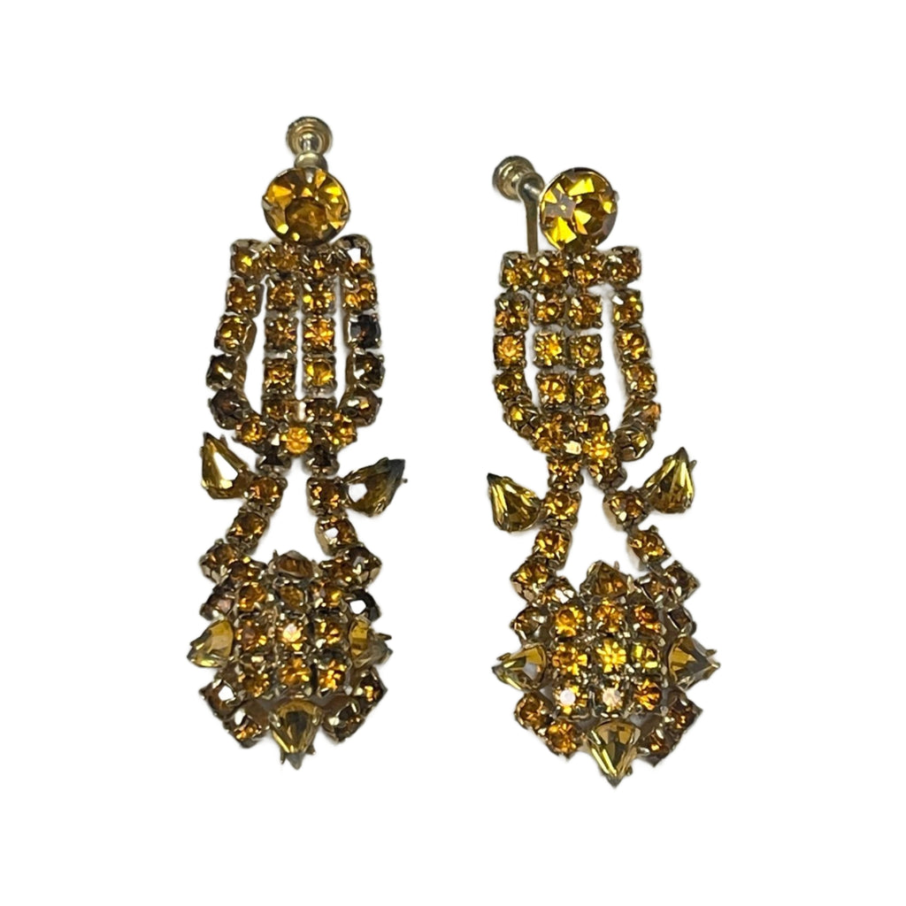 Vintage Amber Tone Rhinestone Chandelier Screw Back Earrings