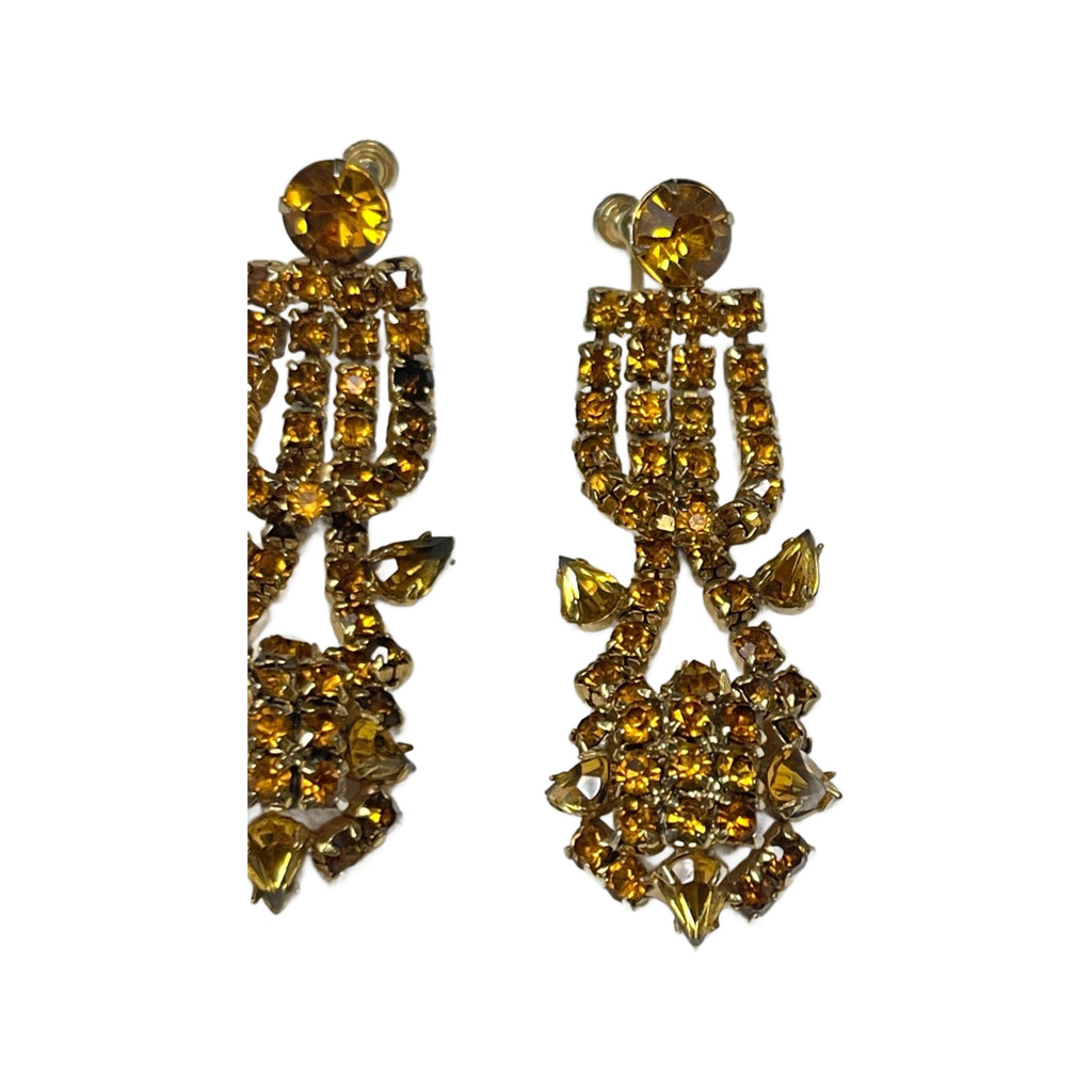 Vintage Amber Tone Rhinestone Chandelier Screw Back Earrings