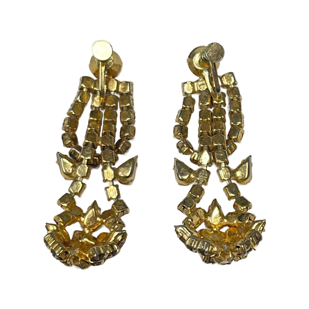 Vintage Amber Tone Rhinestone Chandelier Screw Back Earrings