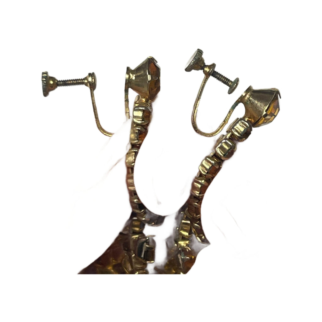 Vintage Amber Tone Rhinestone Chandelier Screw Back Earrings