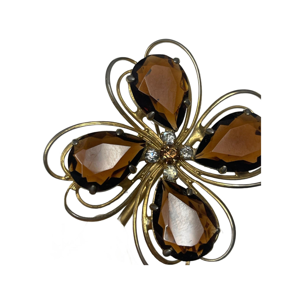 Vintage Weiss 4 Leaf Clover Rhinestone Gold Tone Brooch