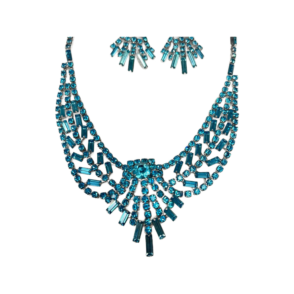 Vintage 1950’s Icy Blue Rhinestone Necklace & Screw Back Earrings Set
