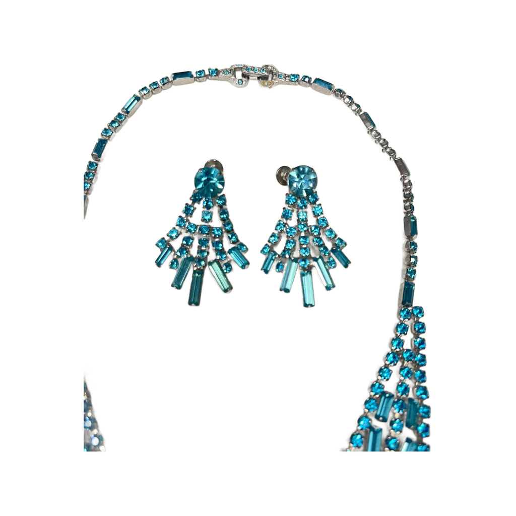 Vintage 1950’s Icy Blue Rhinestone Necklace & Screw Back Earrings Set