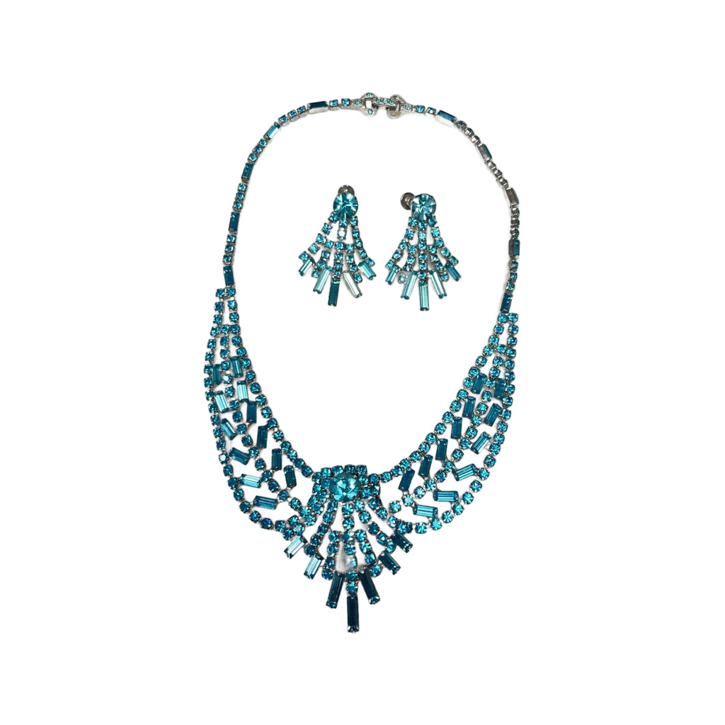 Vintage 1950’s Icy Blue Rhinestone Necklace & Screw Back Earrings Set