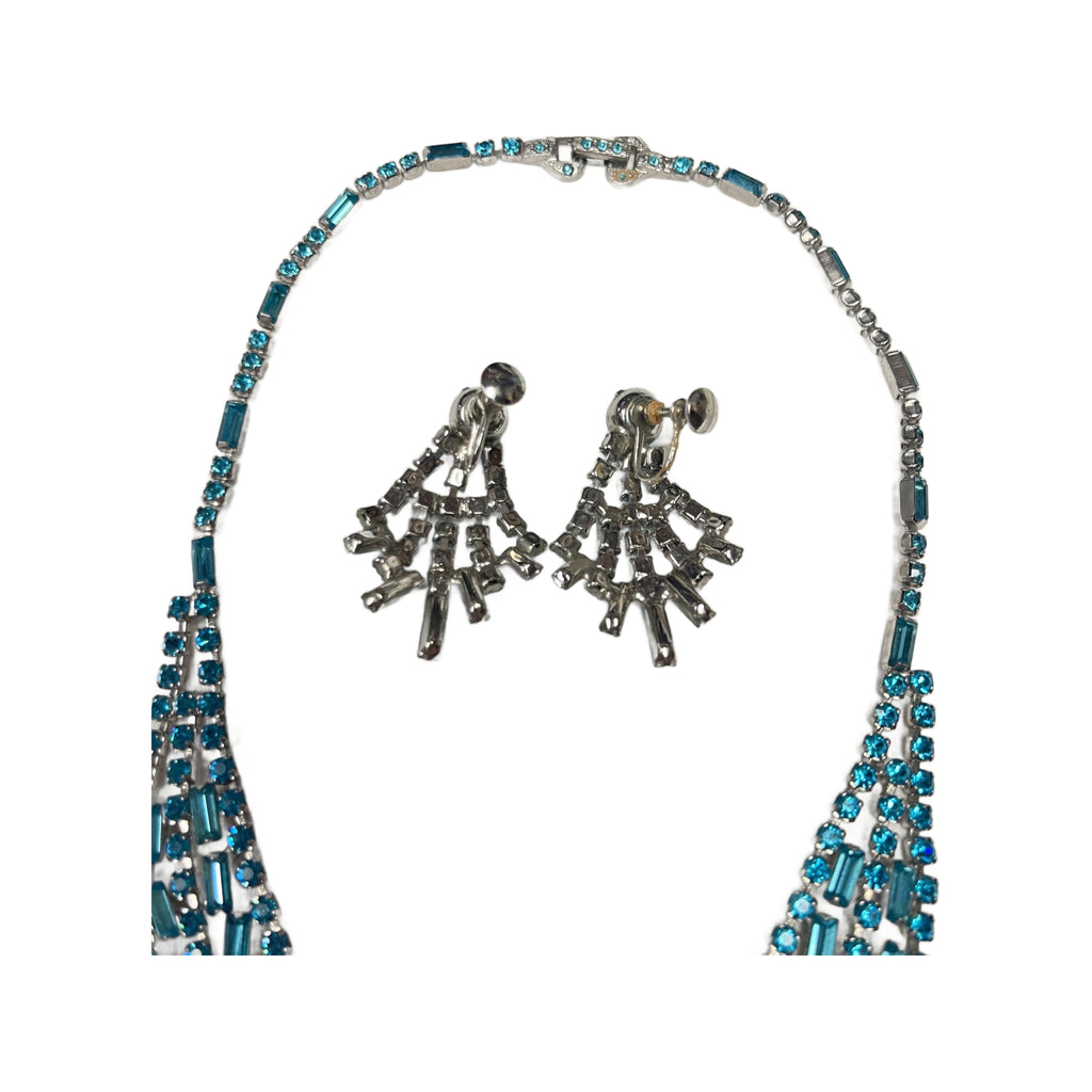 Vintage 1950’s Icy Blue Rhinestone Necklace & Screw Back Earrings Set