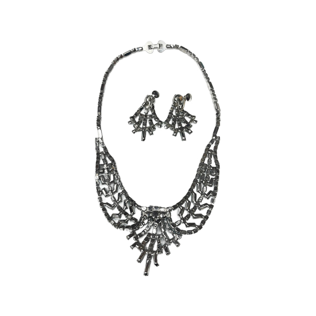 Vintage 1950’s Icy Blue Rhinestone Necklace & Screw Back Earrings Set