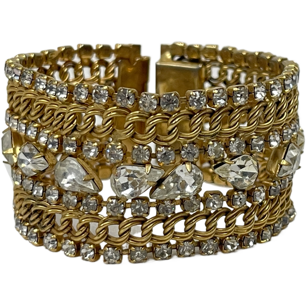 Vintage Signed Hobe Gold Tone Clear Rhinestone Costume Jewelry Bracelet