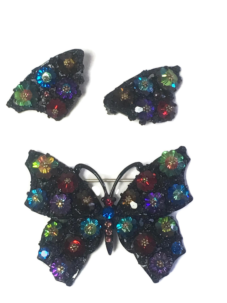 Rivoli Rhinestone Butterfly Brooch & Clip Earring Set