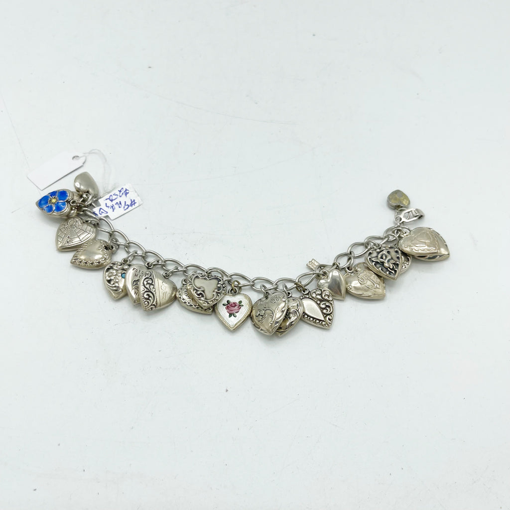Vintage Antique Sterling Silver Puffy Heart Charm Bracelet