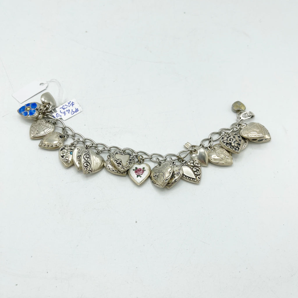 Vintage Antique Sterling Silver Puffy Heart Charm Bracelet