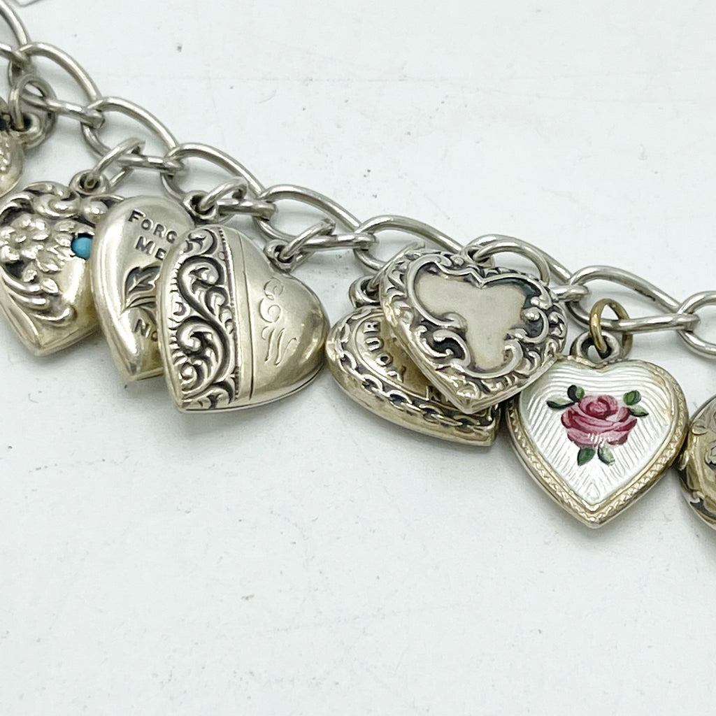 Vintage Antique Sterling Silver Puffy Heart Charm Bracelet