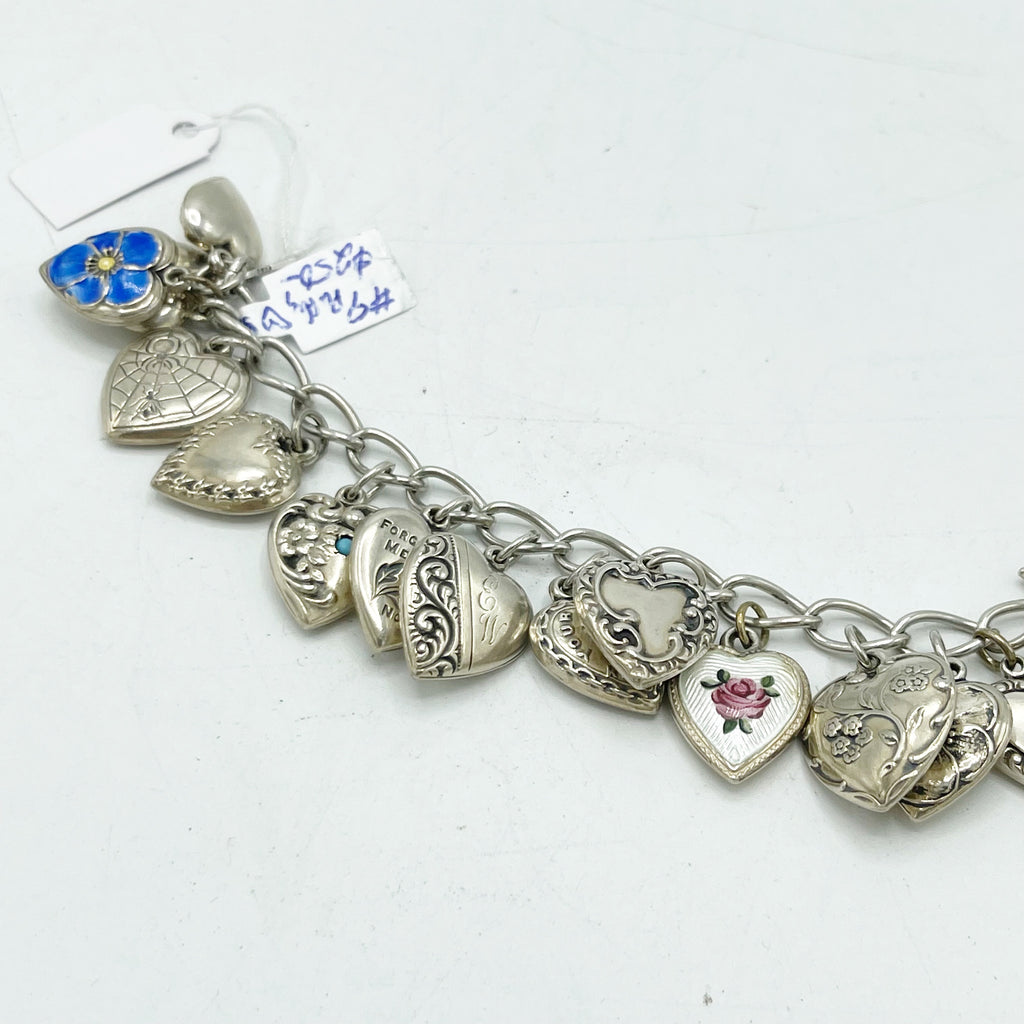 Vintage Antique Sterling Silver Puffy Heart Charm Bracelet