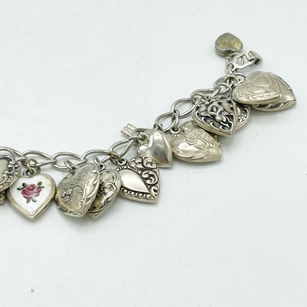 Vintage Antique Sterling Silver Puffy Heart Charm Bracelet