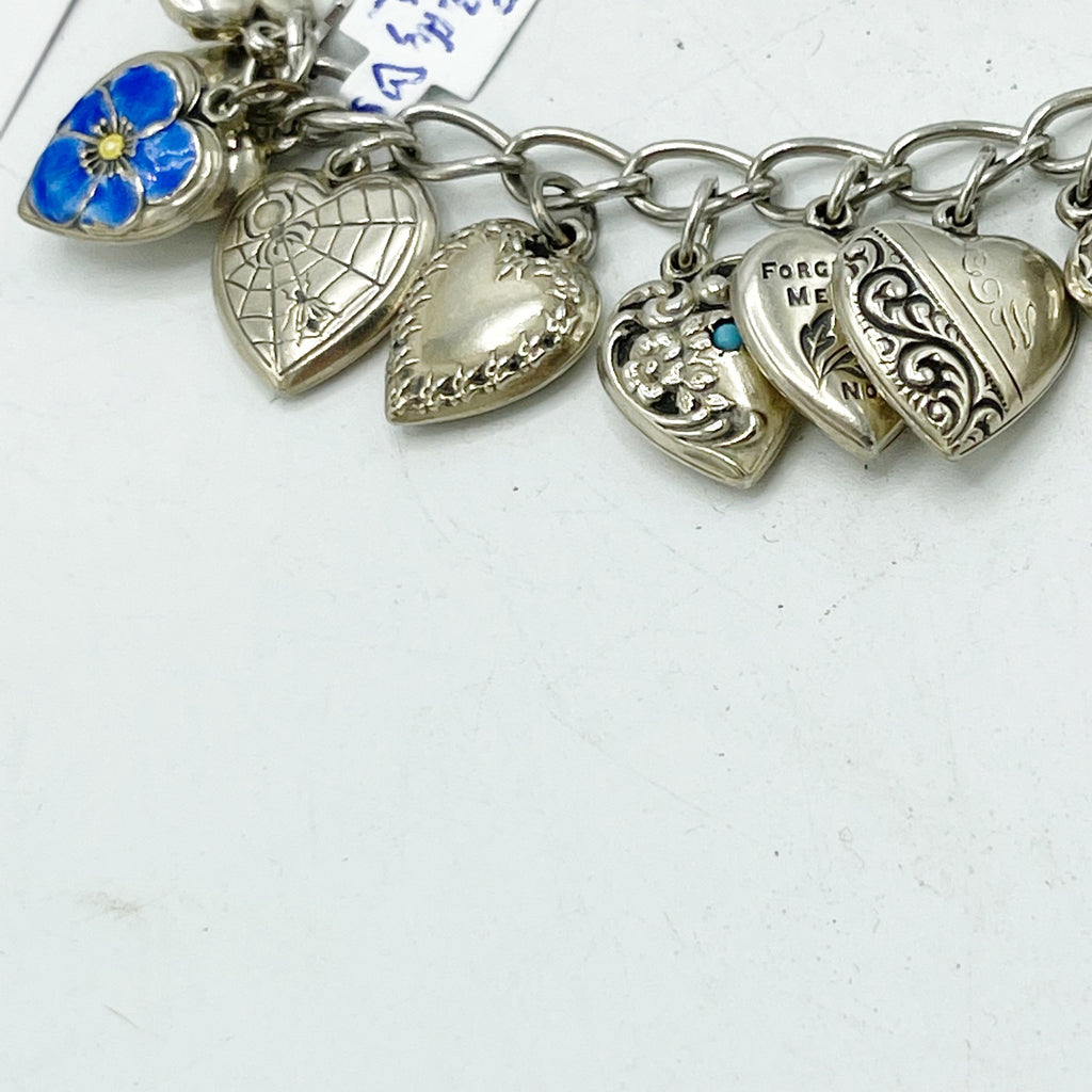 Vintage Antique Sterling Silver Puffy Heart Charm Bracelet