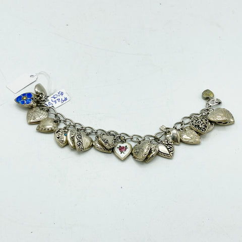 Vintage Antique Sterling Silver Puffy Heart Charm Bracelet