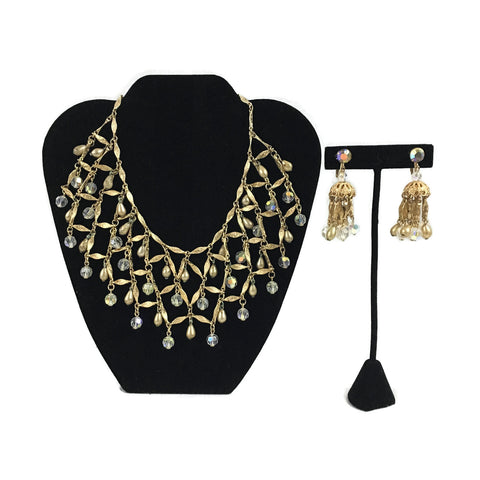 Vintage Goldtone Rhinestone Costume Runway Necklace & Earrings Set