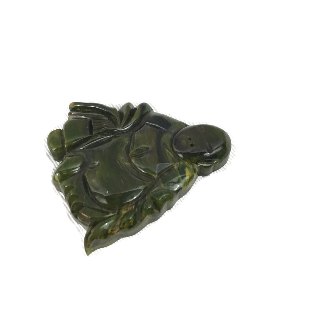 Vintage Marbled Green & Yellow Buddha / Monk Bakelite Brooch