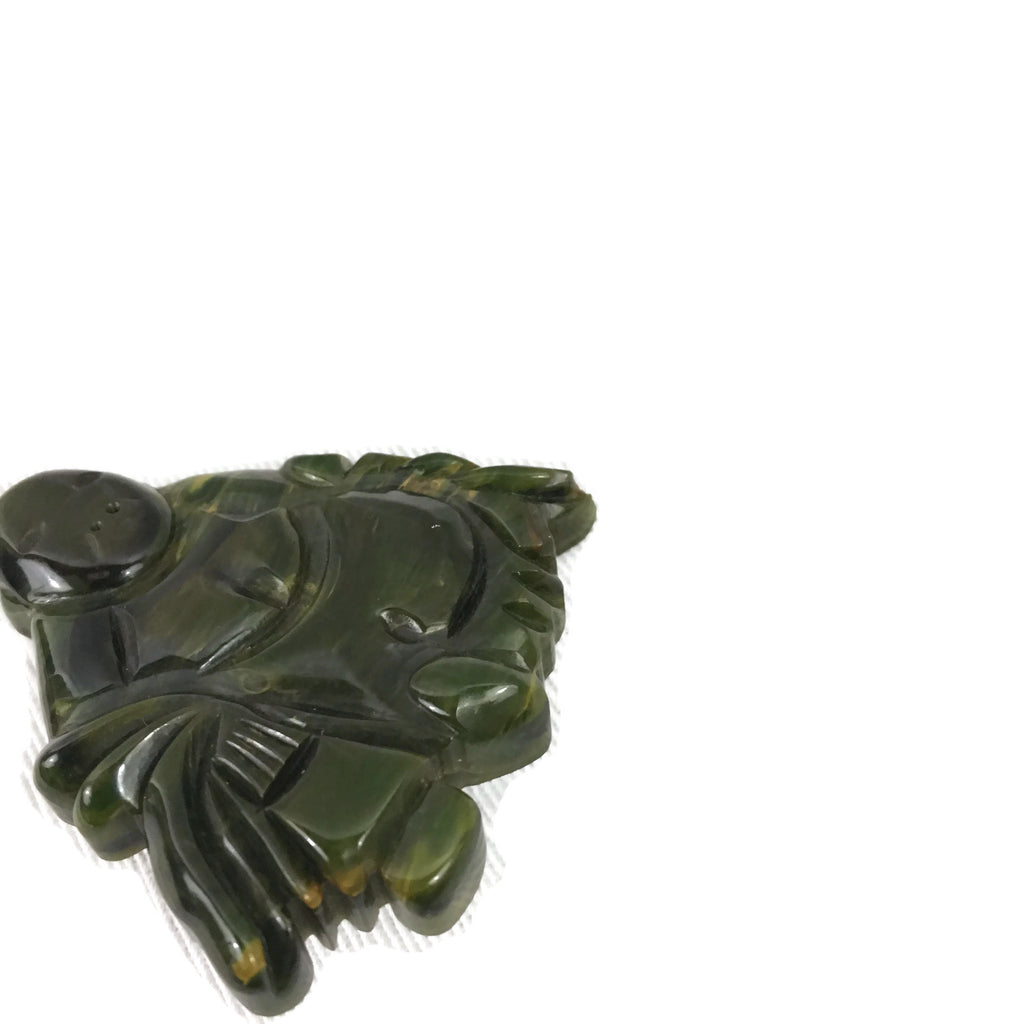 Vintage Marbled Green & Yellow Buddha / Monk Bakelite Brooch