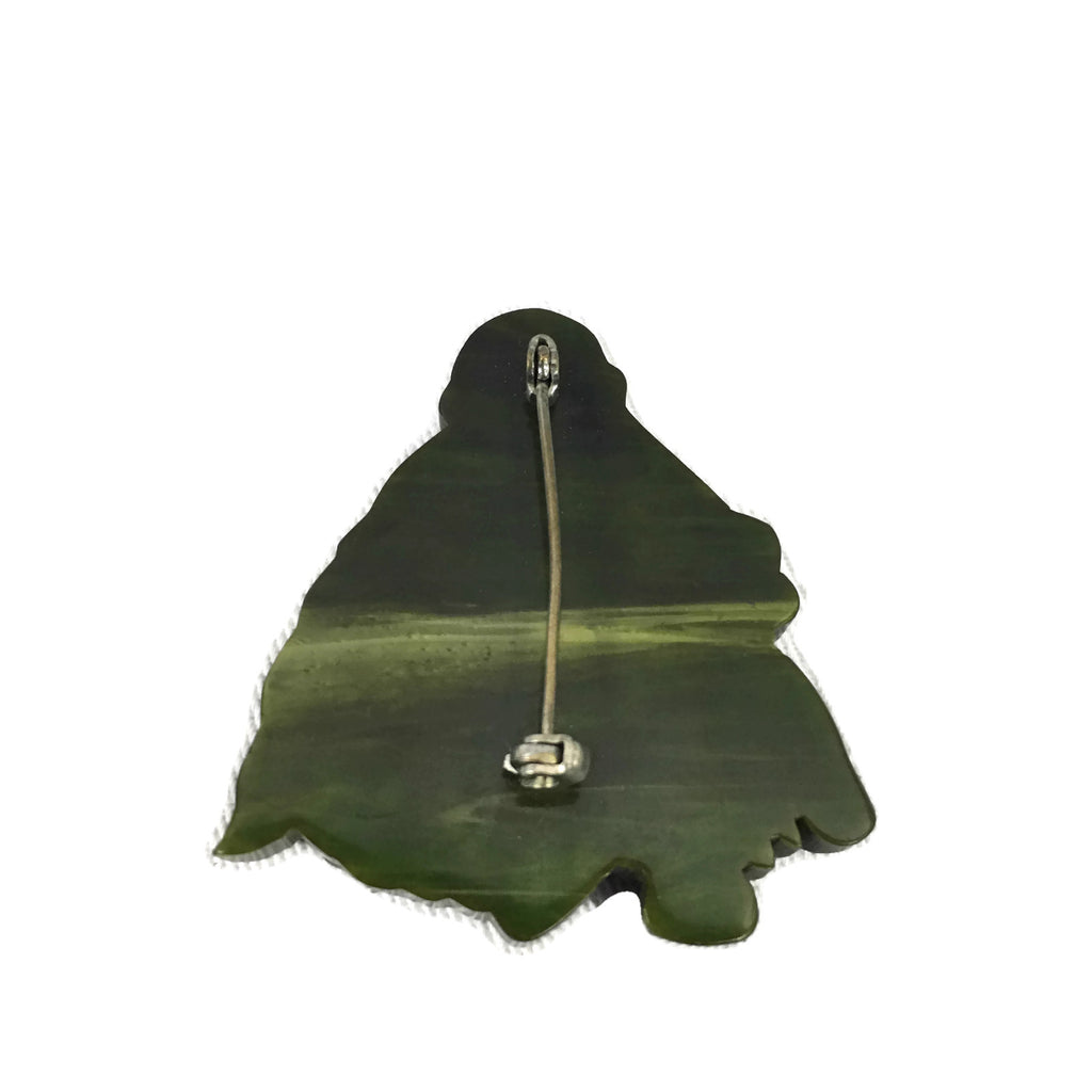 Vintage Marbled Green & Yellow Buddha / Monk Bakelite Brooch