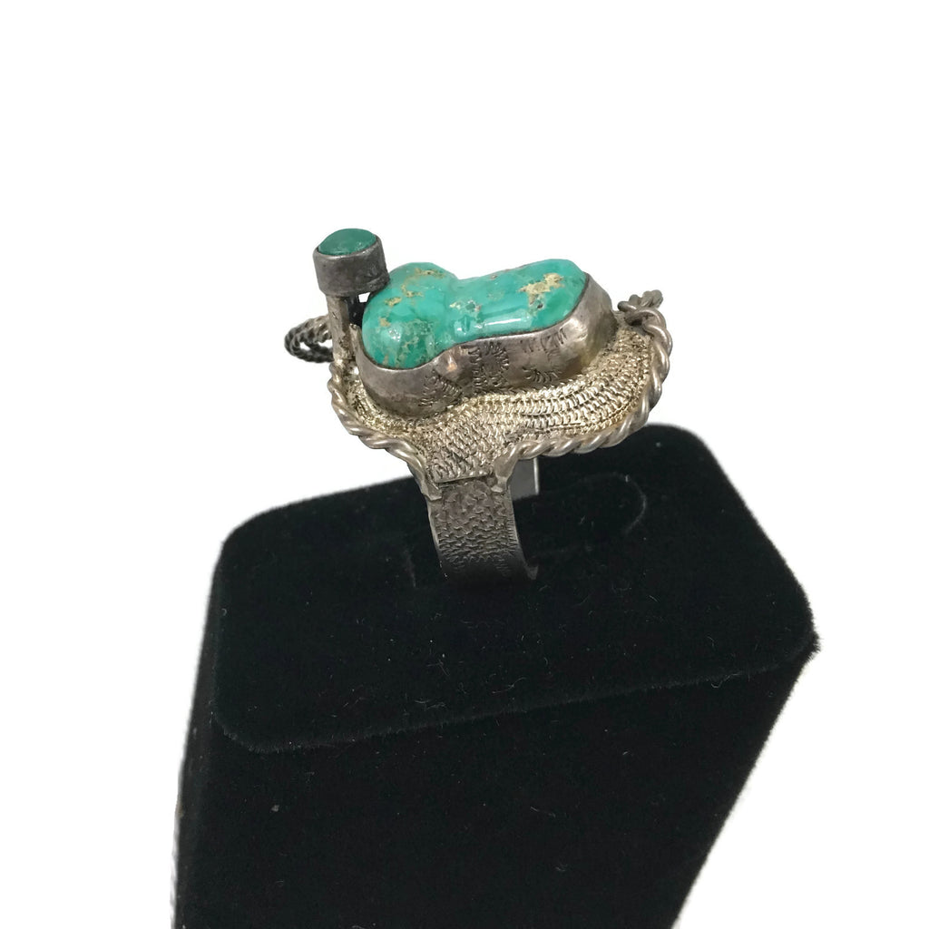 Vintage Unusual Turquoise & Silver Saddle Ring