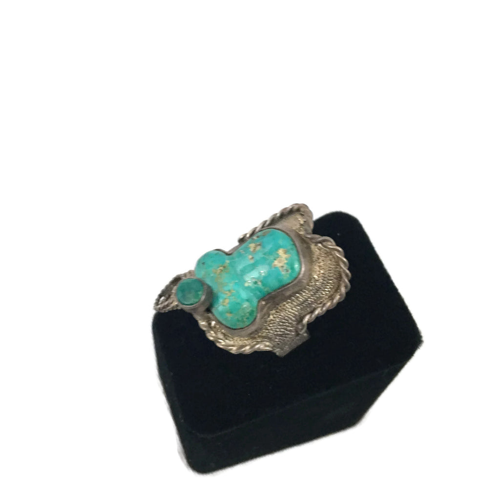 Vintage Unusual Turquoise & Silver Saddle Ring