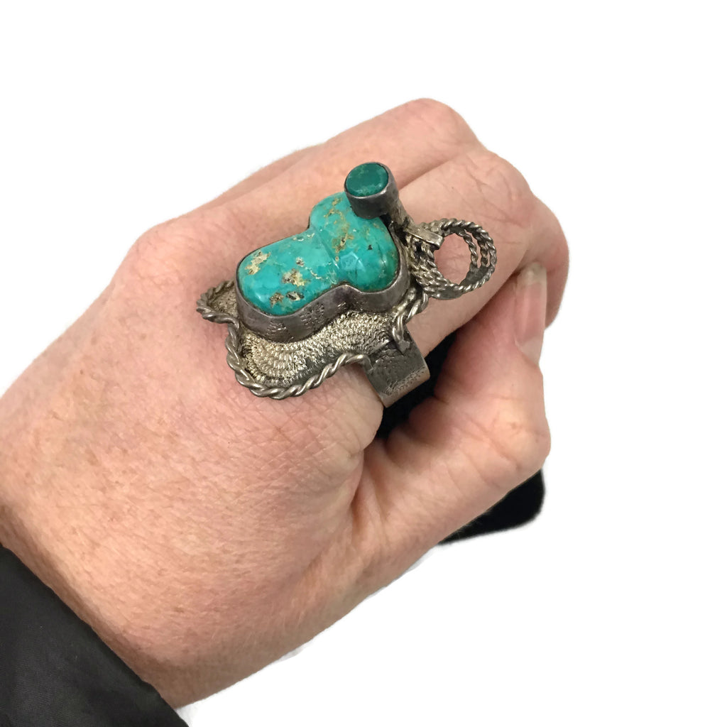 Vintage Unusual Turquoise & Silver Saddle Ring