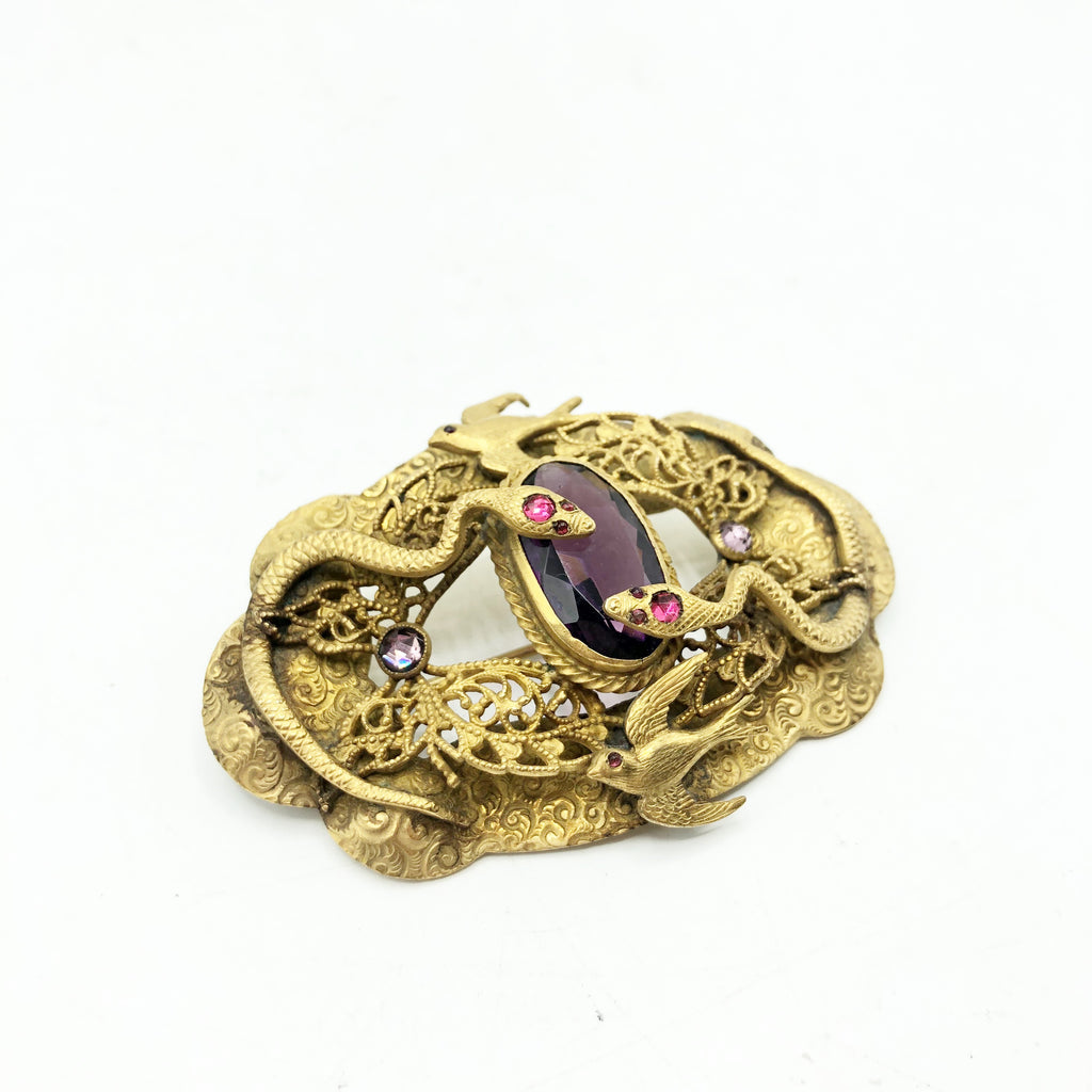 Victorian Rhinestone Gold Tone Snake Brooch