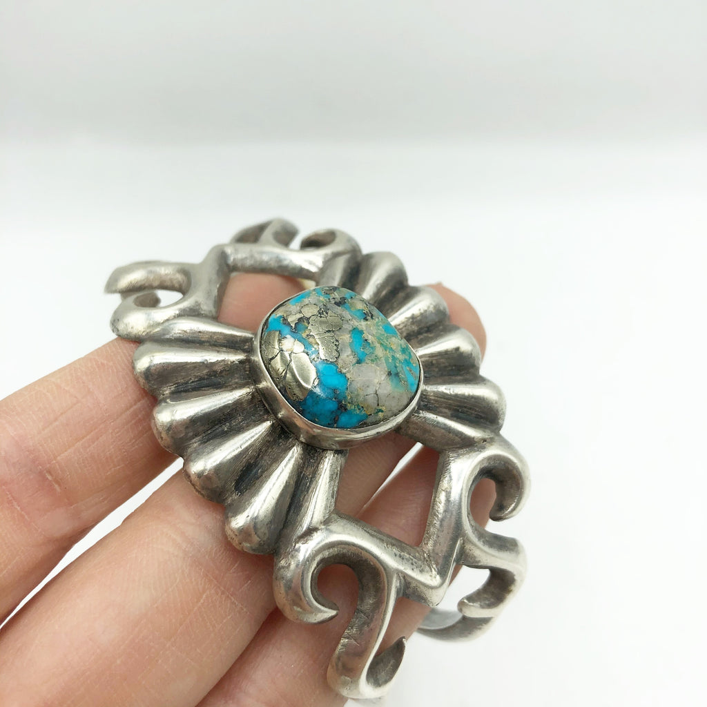 Vintage Sandcast Silver & Turquoise Cuff Bracelet
