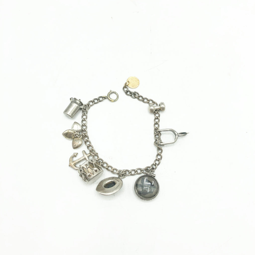 Vintage Sterling Silver Charm Bracelet W/ 1905 Luis & Clark Expo Gold Coin