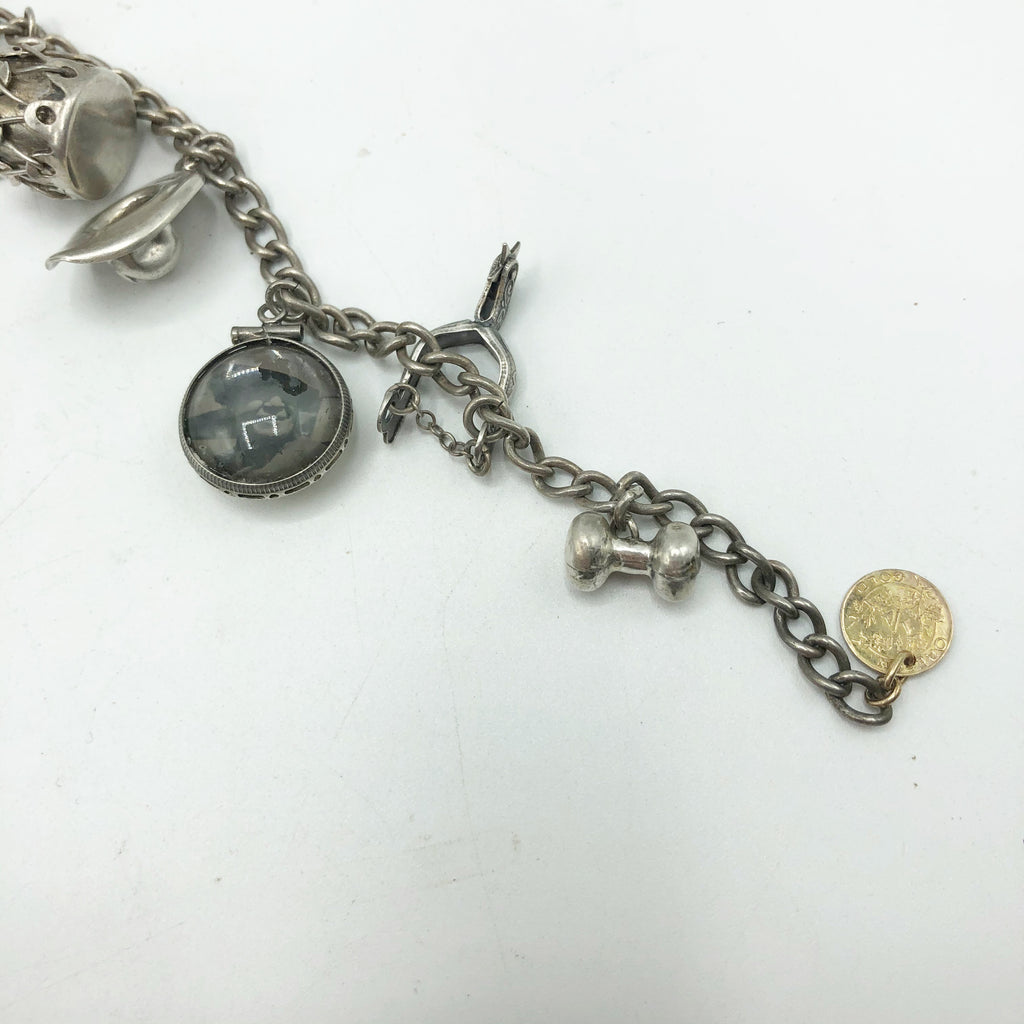 Vintage Sterling Silver Charm Bracelet W/ 1905 Luis & Clark Expo Gold Coin